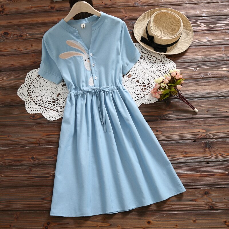 Women's Rabbit Embroidery Blue Cotton Dress