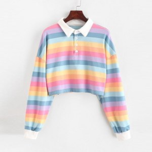 Women Sweatshirt Long Sleeve Rainbow Color Ladies Hoodies With Button Striped Korean Style Sweatshirt Women