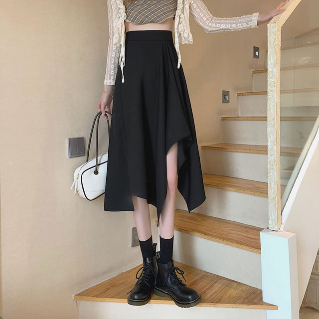 Spring Casual Preppy Style Solid Design Asymmetrical Skirt Temperament Drape Mid-Calf Umbrella Skirt High Waist Slim Skirt - Image 2