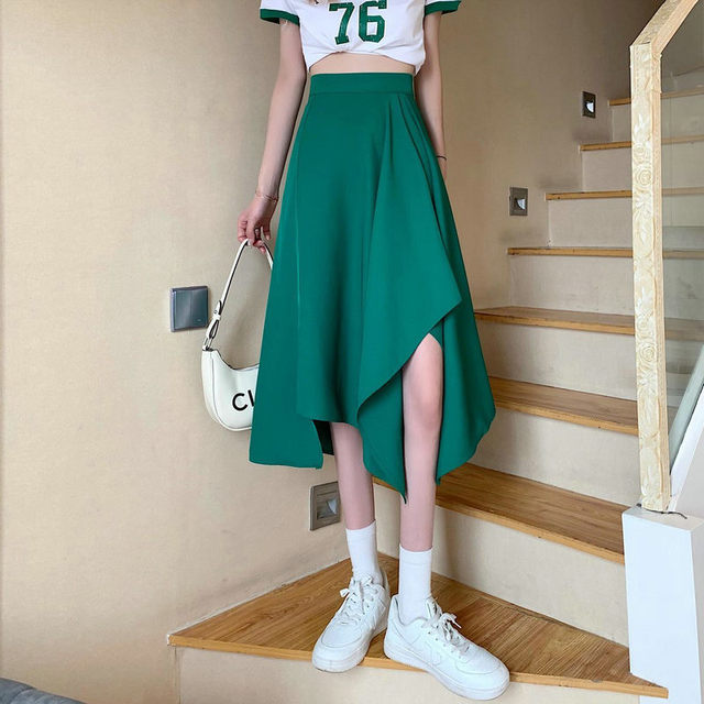 Spring Casual Preppy Style Solid Design Asymmetrical Skirt Temperament Drape Mid-Calf Umbrella Skirt High Waist Slim Skirt - Image 3