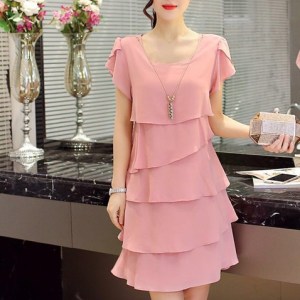 Dress Women Summer Wave Cut Sweet Solid Short Sleeve Slim Casual Clothing Lady All-match Vestido Trendy Simple O-Neck Casual New