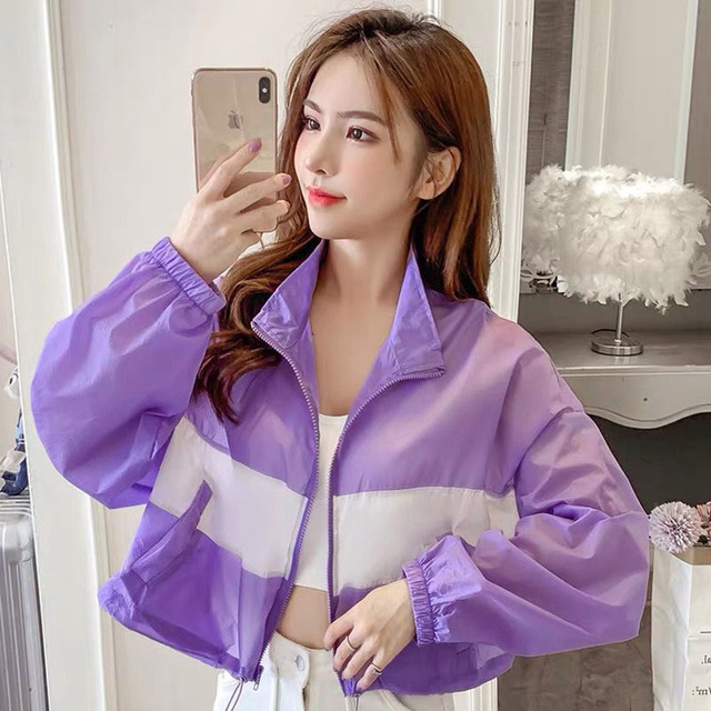 Fashion Spring Summer Women's Jackets Coats Windbreaker Sun Protection Patchwork Color Zipper Thin Summer Women Clothing - Image 2