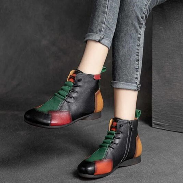 Fashion Female Autumn and Winter New Retro Shoes Lace Round Head Rubber Bottom Color Flat Leather Sole Boots Mother Boots - Image 3