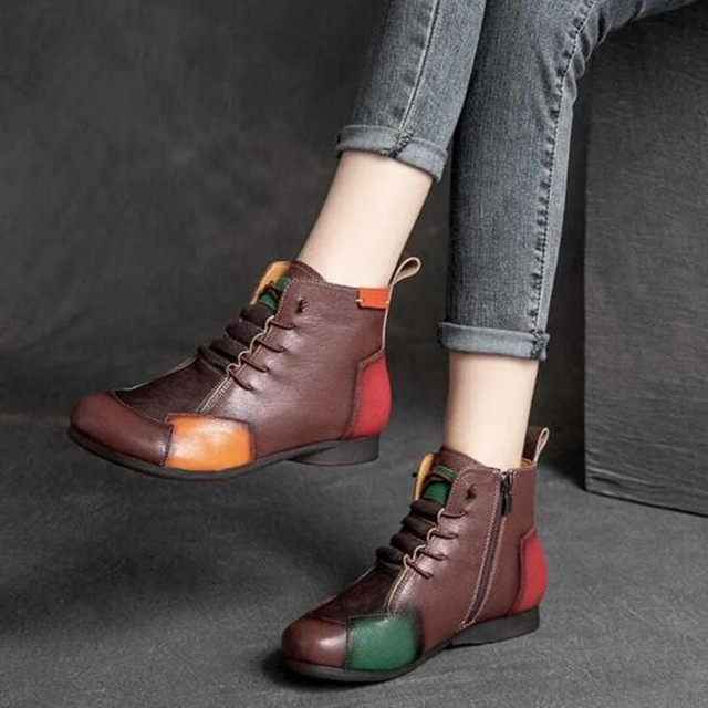 Fashion Female Autumn and Winter New Retro Shoes Lace Round Head Rubber Bottom Color Flat Leather Sole Boots Mother Boots - Image 5