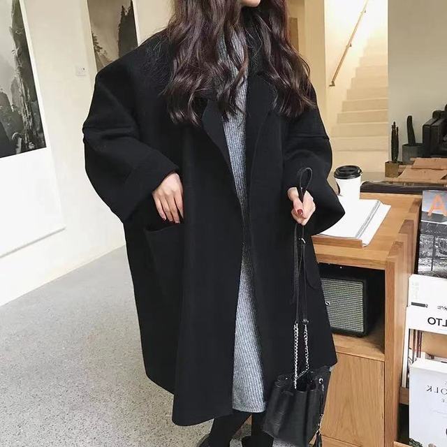 French retro loose women's wool coat fashion casual long coat women's spring women's solid color Lapel coat Cloak - Image 2