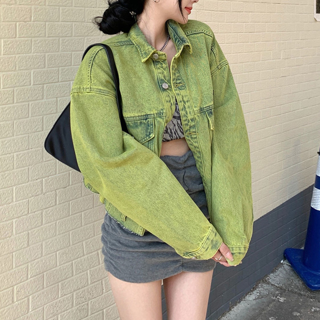 Green Short Streetwear Denim Jacket For Women Casual Bomber Jeans Coat BF Style Loose Outwear top - Image 3