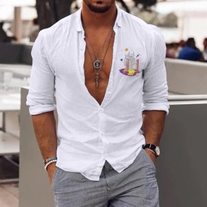 Men White Blouse Single-breasted Long Sleeve Autumn Spring Casual Printed Shirts Fashion Top Blouse Shirts camisa masculina