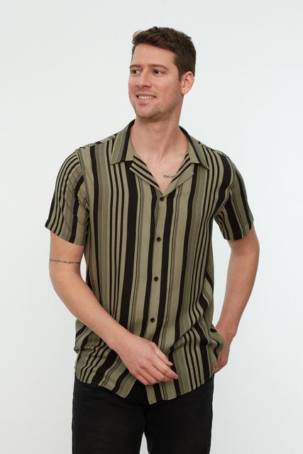 Men's Regular Fit Striped Apaş Collar Draped Viscose Shirt TMNSS20GO0525 - Image 3
