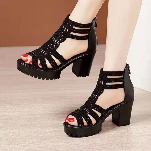Peep Toe PU Leather High Heels Sandals Women Summer Shoes Women Fashion Bling Square Heel Zipper Gladiator Wedding Shoes - Image 3