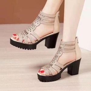 Peep Toe PU Leather High Heels Sandals Women Summer Shoes Women Fashion Bling Square Heel Zipper Gladiator Wedding Shoes