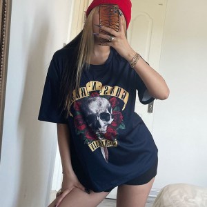 Punk Black T-shirt Women and Men Goth Guns N' Roses Cotton Tees Streetwear Skull Rose Print Summer Tops Female S-XXXL Camisetas