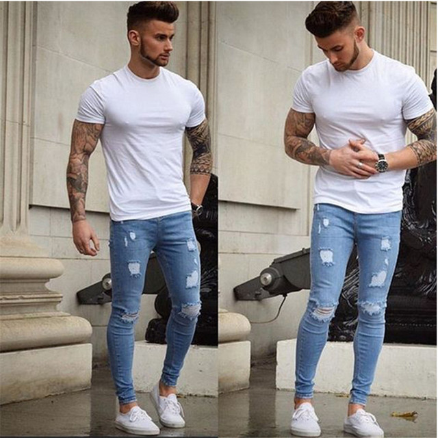 S/4XL Men's Stretchy Biker Jeans Skinny Destroyed Taped Slim Fit Denim Pencil Pants Ripped Jeans for Male Light Blue Streetwear - Image 2