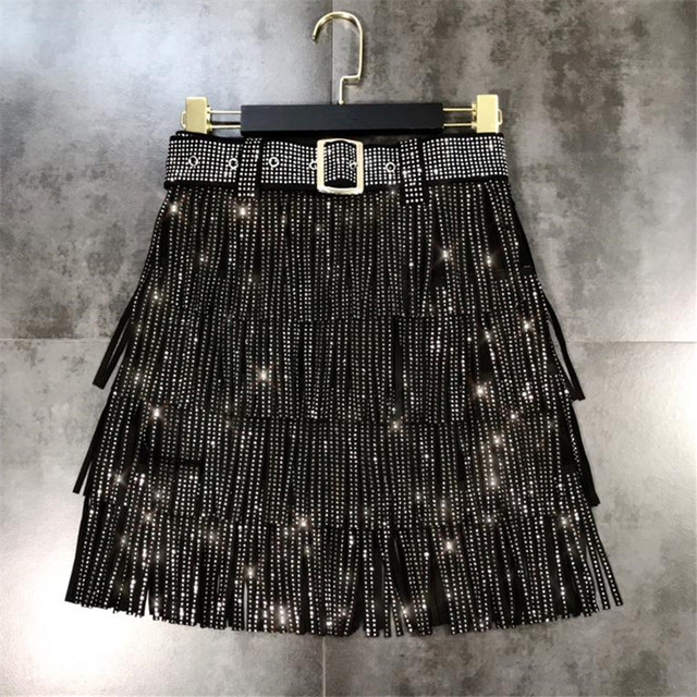 Skirt Female Summer New Solid Color Heavy Industry Hot Drill Tassel Belt A-line Cake Skirt Personality Fashion Women's Clothing - Image 2