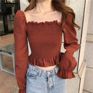 Spring Ruffles Crop Top Women Pleated Blouse Sexy Square Collar Womens Tops And Blouses Puff Sleeve Ladies Clothes Blusas Mujer