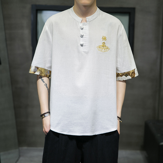 Summer Plus Size Cotton Linen Short Sleeve Top Chinese Style Hanfu Men Clothing Text Embroidery Tai Chi Wu Dang T-Shirt - Image 2
