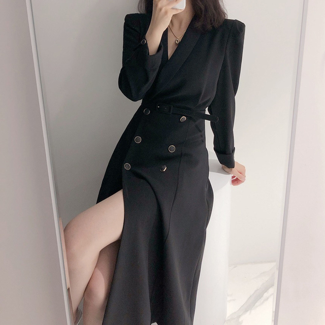 Temperament black and white double breasted lace up windbreaker French fashion simple style women's office professional dress - Image 2