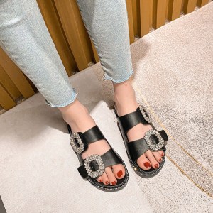 rhinestone crystal buckle slippers women brand designer crystal double flip flops female platform slides sandals big size 43