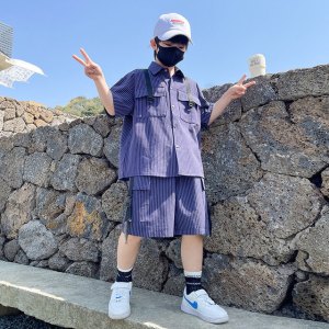 Children Pocket Outfit Suit Cool Big Boys Striped Clothes Summer Teens Boys Shirt+Shorts 2PCS Clothes Sets 5 To 14Years Old