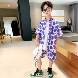 Summer New Boys Turn Down Collar Shirt+Shorts Cotton Kids Heart Print Casual Suits Two Piece Children Clothes 5-14Years Old