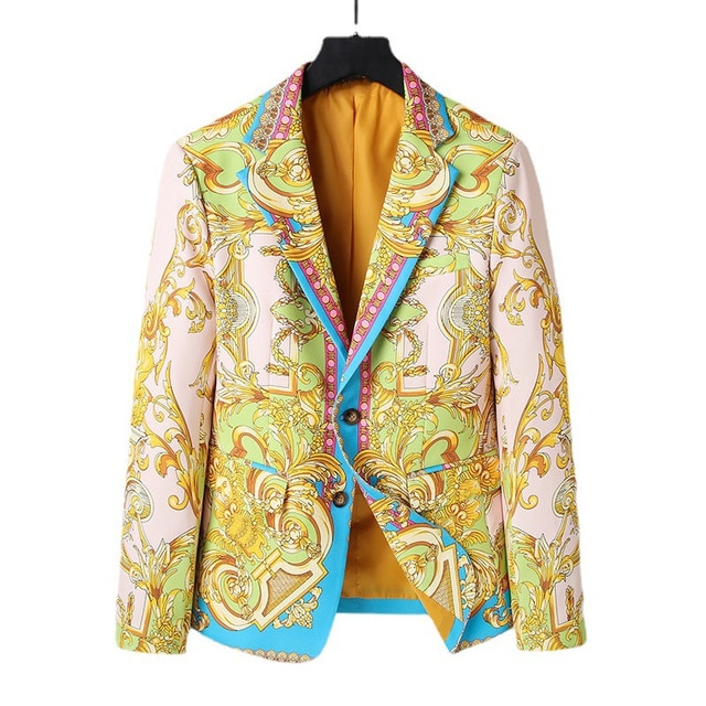 New Luxury Brand Gold Baroque Print Blazer Slim Fit Men Blazer Stage Cloth Social Party Wedding Dress Male Gold Suit Jacket - Image 3