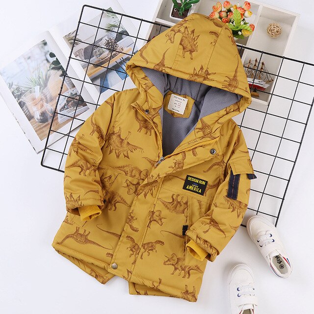 Autumn Winter Jacket For Boy Cartoon Dinosaur Hooded Plus Velvet Thicken Warm Boy Outerwear Coat 4-14 Year Kids Teenager Parka - Image 5