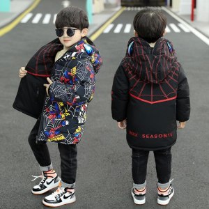 Children Thick Down Hooded Jackets Outerwear Clothes Boys Winter Teenage SpiderMan Long Thicken Warm Cotton-Padded Parka Coats