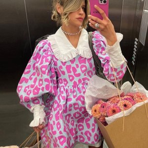 Clacive Fashion Print Women Dress Casual Chic Doll Collar Lantern Sleeve Mini Dresses Elegant Loose Patchwork Female Dress