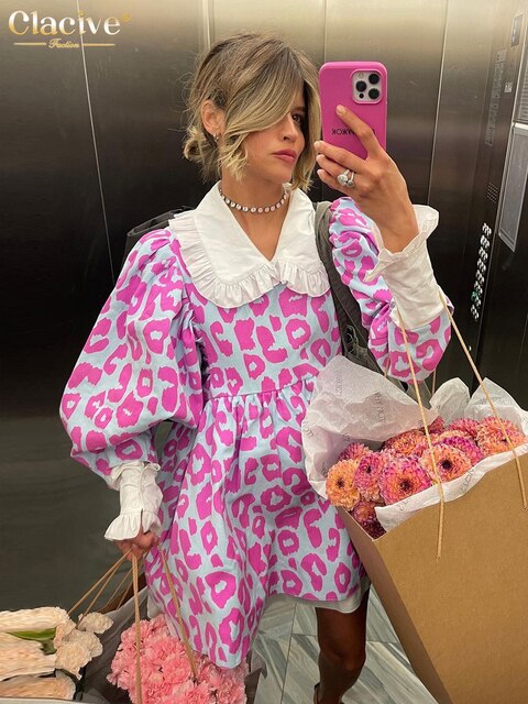 Clacive Fashion Print Women Dress Casual Chic Doll Collar Lantern Sleeve Mini Dresses Elegant Loose Patchwork Female Dress