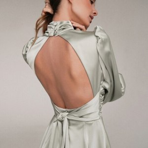 Clacive Fashion Stand Collar Satin Women Dresses Autumn Elegant Long Sleeve Backless Mini Dress Casual Sliim Pleated  Dress Robe
