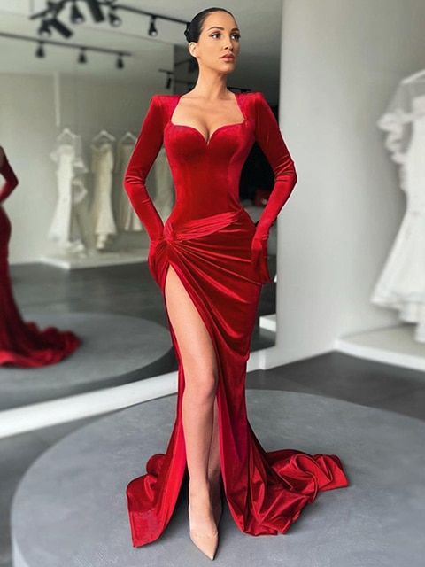 Cryptographic Elegant Gown Long Dress Evening Club Outfits for Women Gloves Sleeve Velvet Sexy Slit Maxi Dresses Ruched Dresses - Image 3