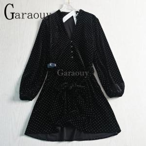 Garaouy Women's Velvet Belt Shirts Dress Party Clubwear V-neck Long Sleeve Slim Female Dresses Black Solid Mini Vestidos