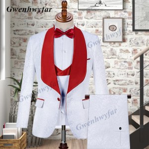 Gwenhwyfar Customize Shawl Lapel Jacquard White Groom Tuxedos Many Gold Lapel Suits Man 3 Pieces Party Wear Waistcoat