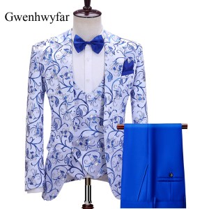 Gwenhwyfar Luxury Orchid Pattern Men's Wedding SuitsNew Gentlemen Tuxedo Peaked Lapel Jacket Double Breasted Vest Slim Pant