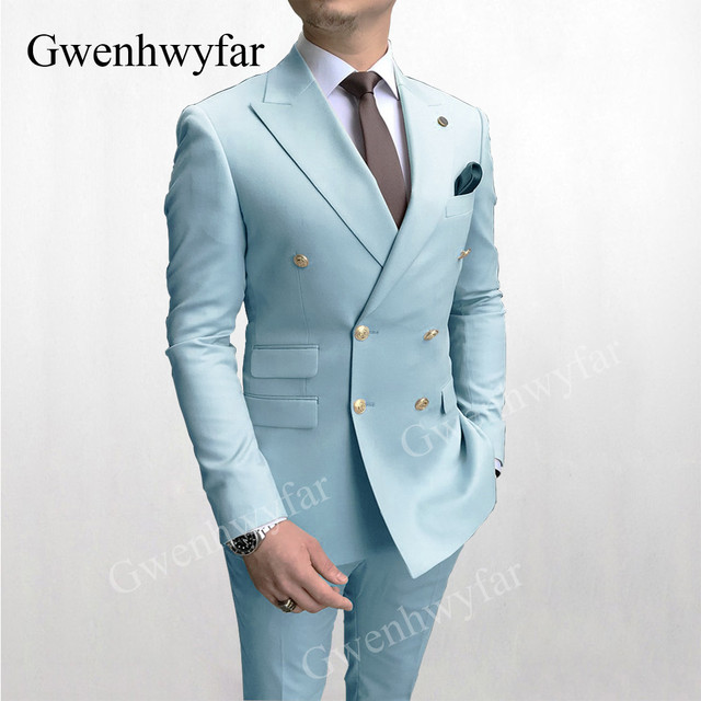 Gwenhwyfar Sky Blue Men Suits Double Breasted Latest Design Gold Button Groom Wedding Tuxedos Best Costume Homme 2 Pieces - Image 4