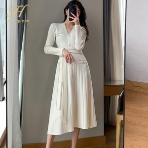 H Han Queen Autumn Single-Breasted Casual Pullover Sweater Vestidos Elegant Simple Office Dress Women's V-Neck A-Line Dresses
