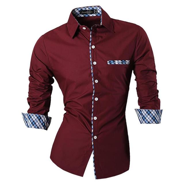 Jeansian Men's Casual Dress Shirts Fashion Desinger Stylish Long Sleeve Slim Fit 8371 WineRed - Image 2