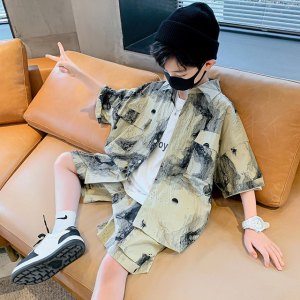Kids Boy Clothing Set Ink Painting Print Turn Down Collar Shirt+Shorts Casual Two Piece Korea Hot Sale Big Boys Outfits 5-14Yrs