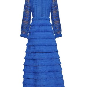 Runway Autumn Elegant Long Dress Women Blue Lantern Sleeve Hollow Out Tassel Ladies Cake Party
