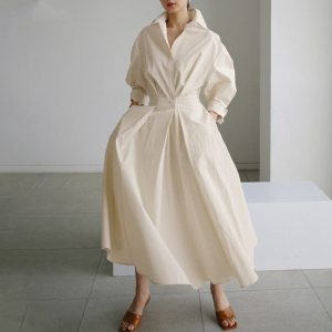 S-5XL Korean Fashion Long Sleeve Shirt Dress Chic Turndown Neck Ruched Maxi Dress Women Autumn Winter Clothes Streetwear