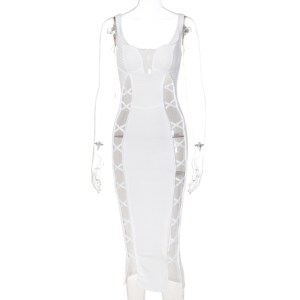 Spaghetti Strap Sexy Bodycon Midi Dress for Women Elegant Hollow Out Backless Party Club Evening Long Dresses Summer White