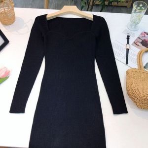 Square Neck Ribbed Thicken Warm Knitted Dresses Women Long Sleeve High Stretch Basic Bodycon Dress Streetwear C-121