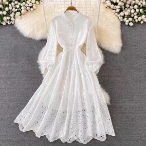 Tingfly Vintage Elegant Women Summer Embroidery Hollow Out Midi Long Dresses Lady Boho A Line Vestidos Elbise Frocks Vestidos Za