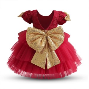 Toddler Girl Big Bow Princess Dress 1st Birthday Party Ball Gown Christmas Red Dress for Kids Girl Wedding Cake Tulle Dress 1-5Y