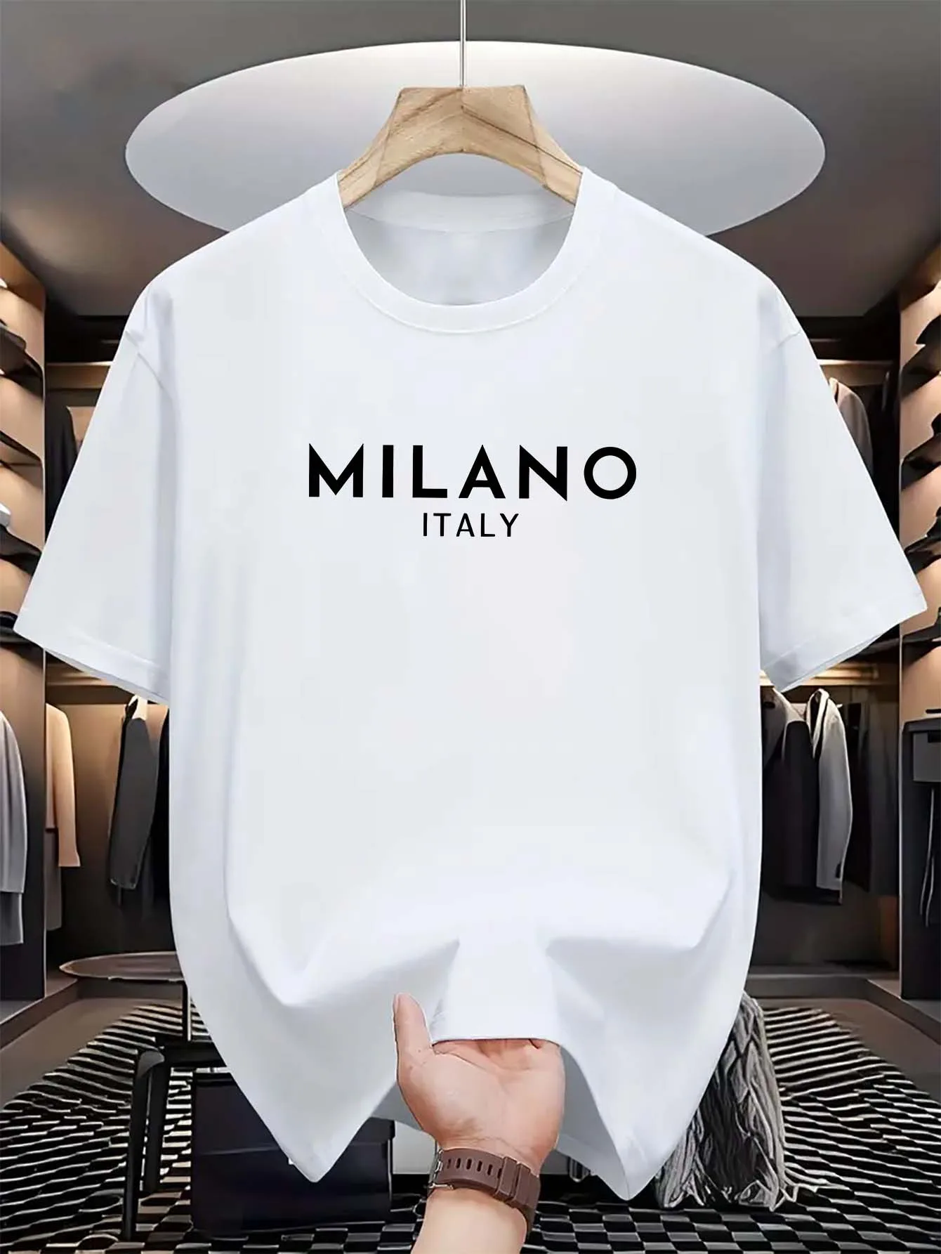 Summer men's 100% pure cotton casual loose and fashionable MILANO ITALY letter printed round neck short sleeved T-shirt top - Image 5