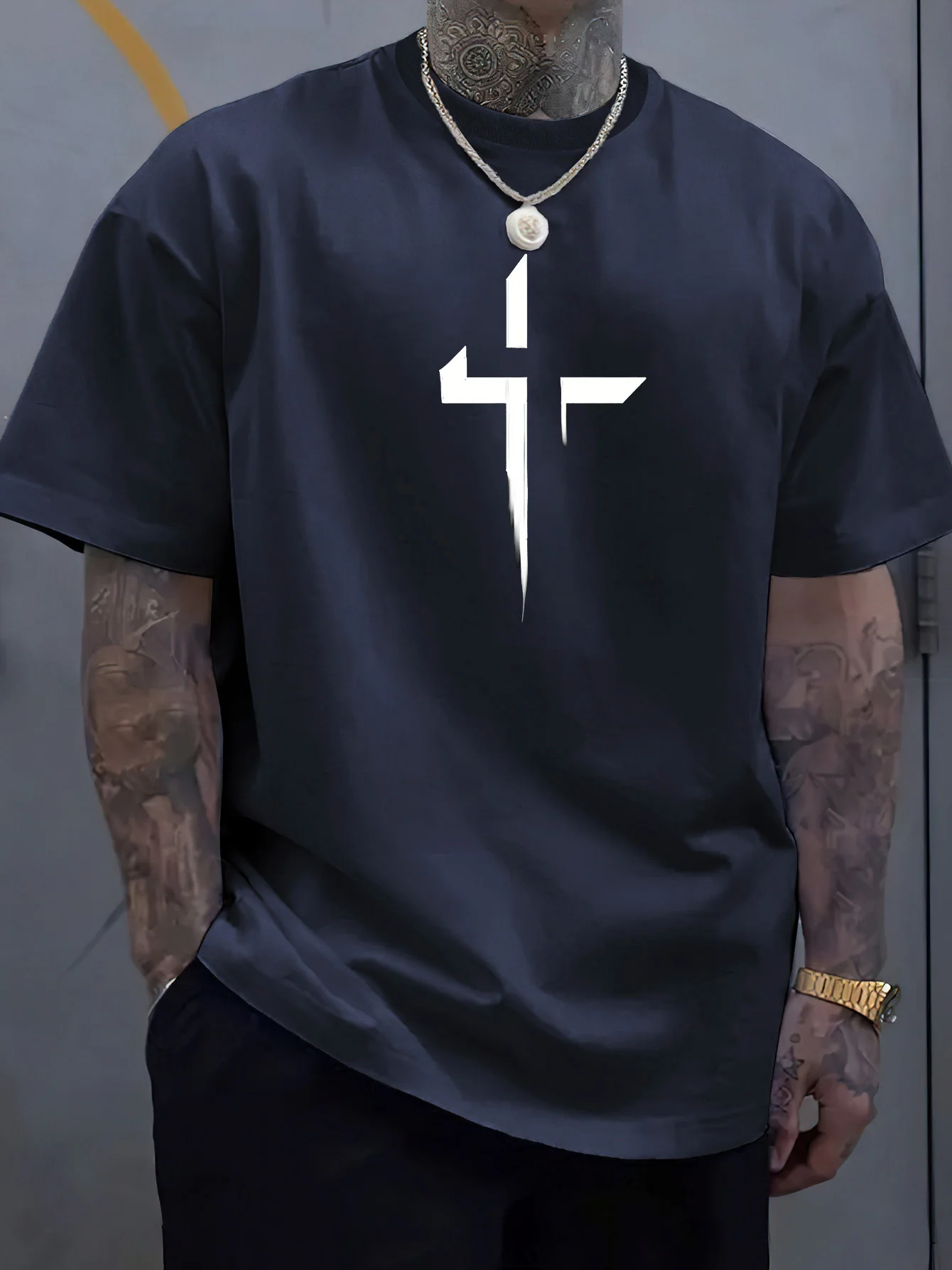 Summer men's 100% pure cotton casual loose plus size Cross Creative printed sports comfortable round neck short sleeved T-shirt - Image 5