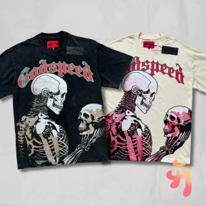 25 Real Photos High Quality Godspeed T-shirt Trendy Rock Street Retro Washed Couple Skeleton Print Cotton Short Sleeve Men Women