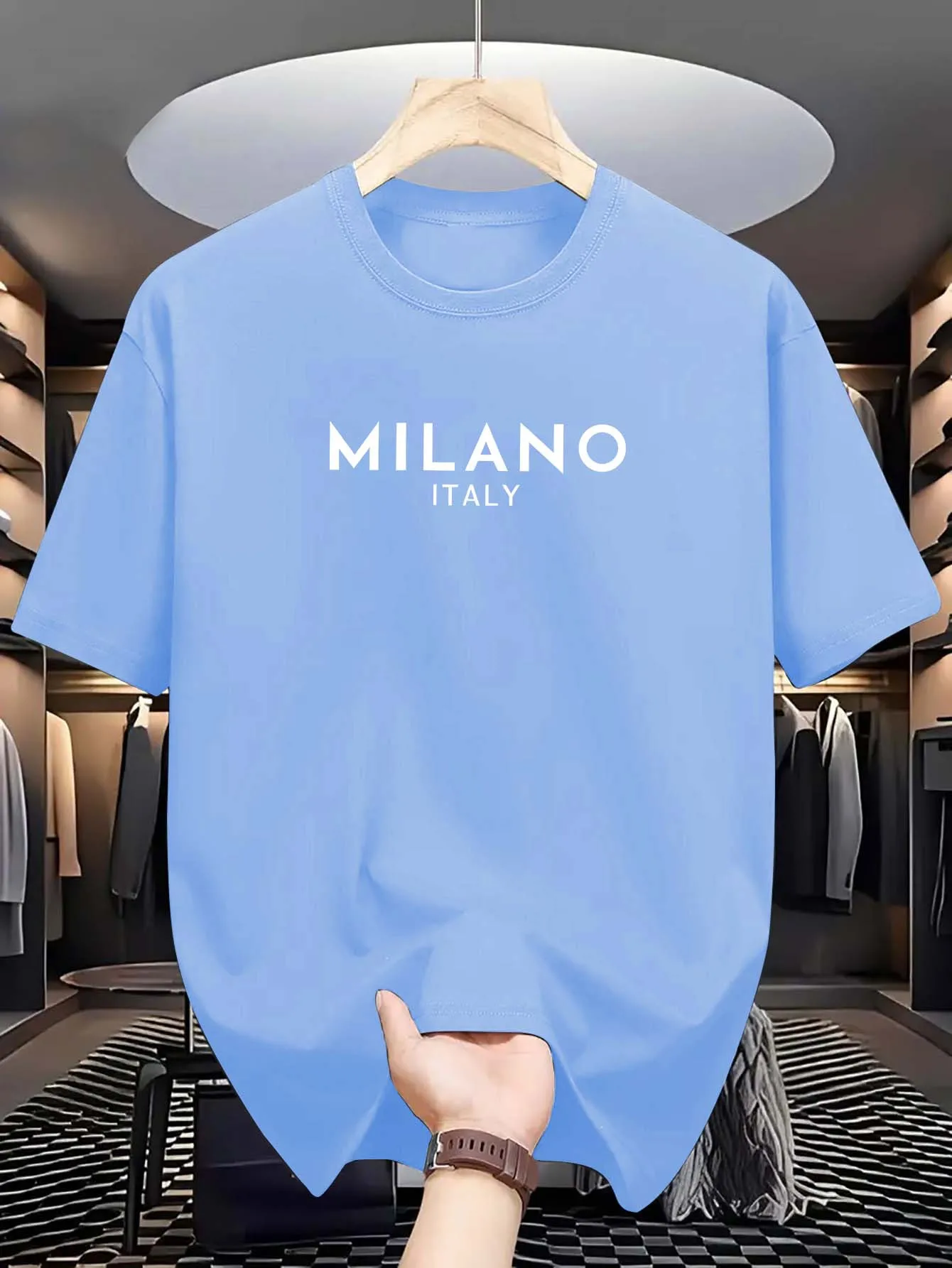 Summer men's 100% pure cotton casual loose and fashionable MILANO ITALY letter printed round neck short sleeved T-shirt top - Image 4