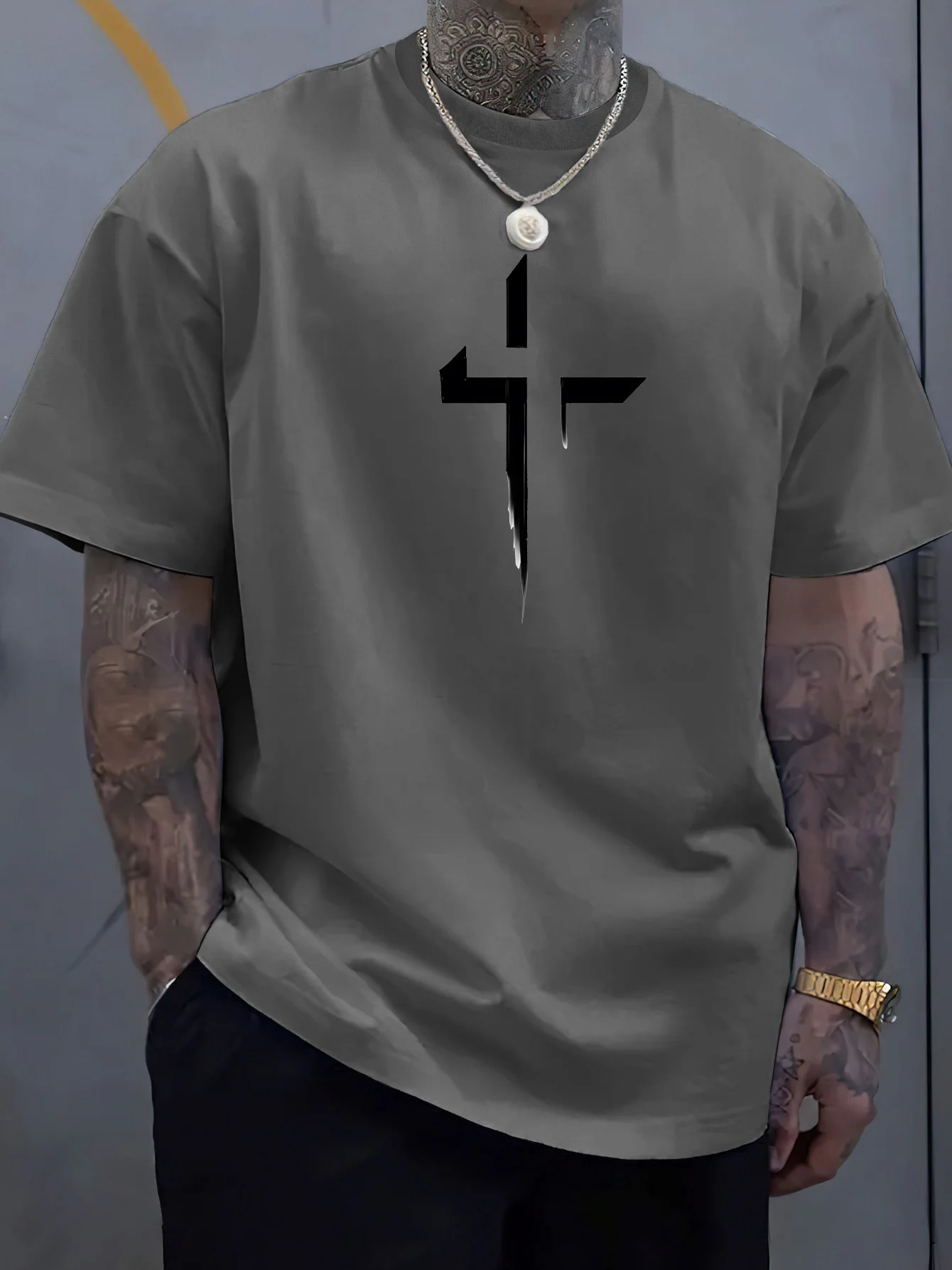 Summer men's 100% pure cotton casual loose plus size Cross Creative printed sports comfortable round neck short sleeved T-shirt - Image 6