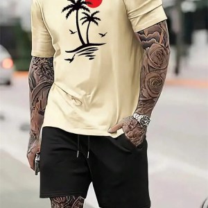 Summer Casual Sports Style Men Short Sleeve Suit Hawaiian Casual Plus Size Suit 3D Coconut Print Short Sleeve Shorts 2-Piece Set