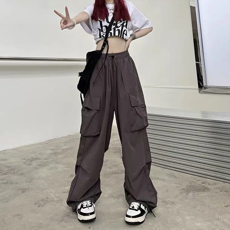 Women Casual Baggy Cargo Pants Solid Low Waist Joggers Tech Pants Drawstring Wide Leg Baggy Trousers Y2K Streetwear Sweatpants - Image 6